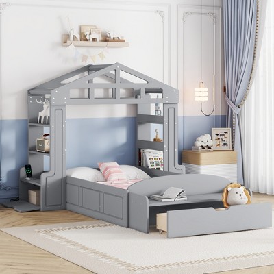 Twin Size House Bed With Bench, Socket And Shelves, Gray 4w ...