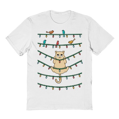 Rerun Island Men's Cat And Birds Christmas Short Sleeve Graphic Cotton T-Shirt