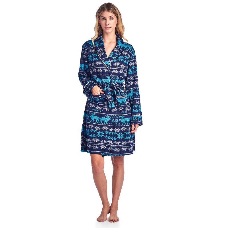 Ashford & Brooks Women's Sweater Fleece Printed Lounge Robe - Fairisle Moose Aqua - X-Large