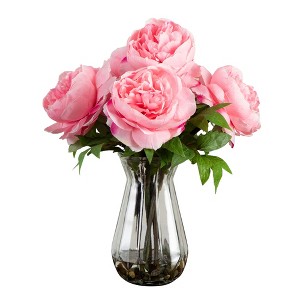 Nearly Natural 16-in Artificial Pink Peony Arrangement in Glass Vase, Light Pink - 1 of 4
