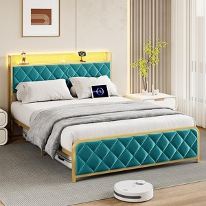 Bed Frame with Velvet Storage Headboard, Bed Frame with Storage Charging Station, Heavy Duty, No Box Spring Needed - 1 of 4