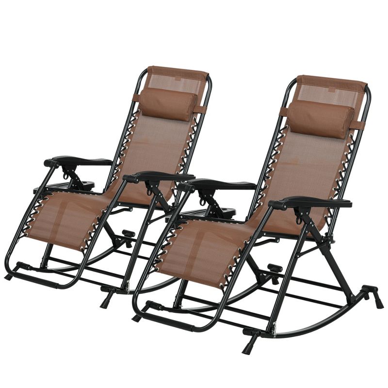 Outsunny 2 Outdoor Rocking Chairs Foldable Reclining Zero Gravity Lounge Rockers w/ Pillow Cup & Phone Holder, Combo Design w/ Folding Legs, Brown, 4 of 7