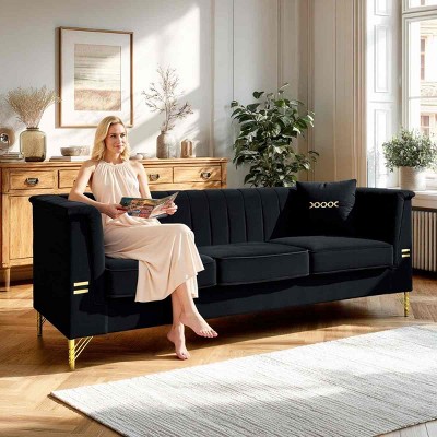 Modern Velvet Sofa with 2 Pillows and Gold Metal Legs, Luxurious 3-Seater Cloud Sofa for Living Room, Office, or Apartment – The Pop Home