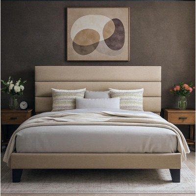 Bed Frame with Upholstered Headboard, Wooden Slats Support Black Mattress Foundation