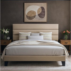 Bed Frame with Upholstered Headboard, Wooden Slats Support Black Mattress Foundation - 1 of 4