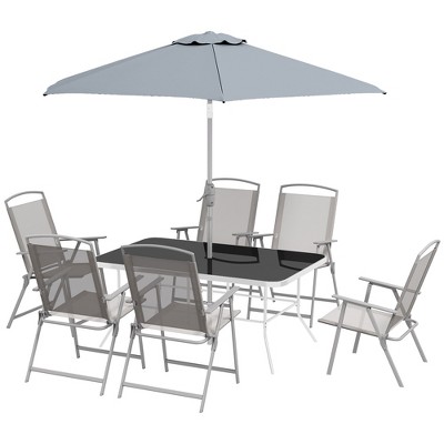 Gray 8-Piece Patio Dining Set with Umbrella and Folding Chairs