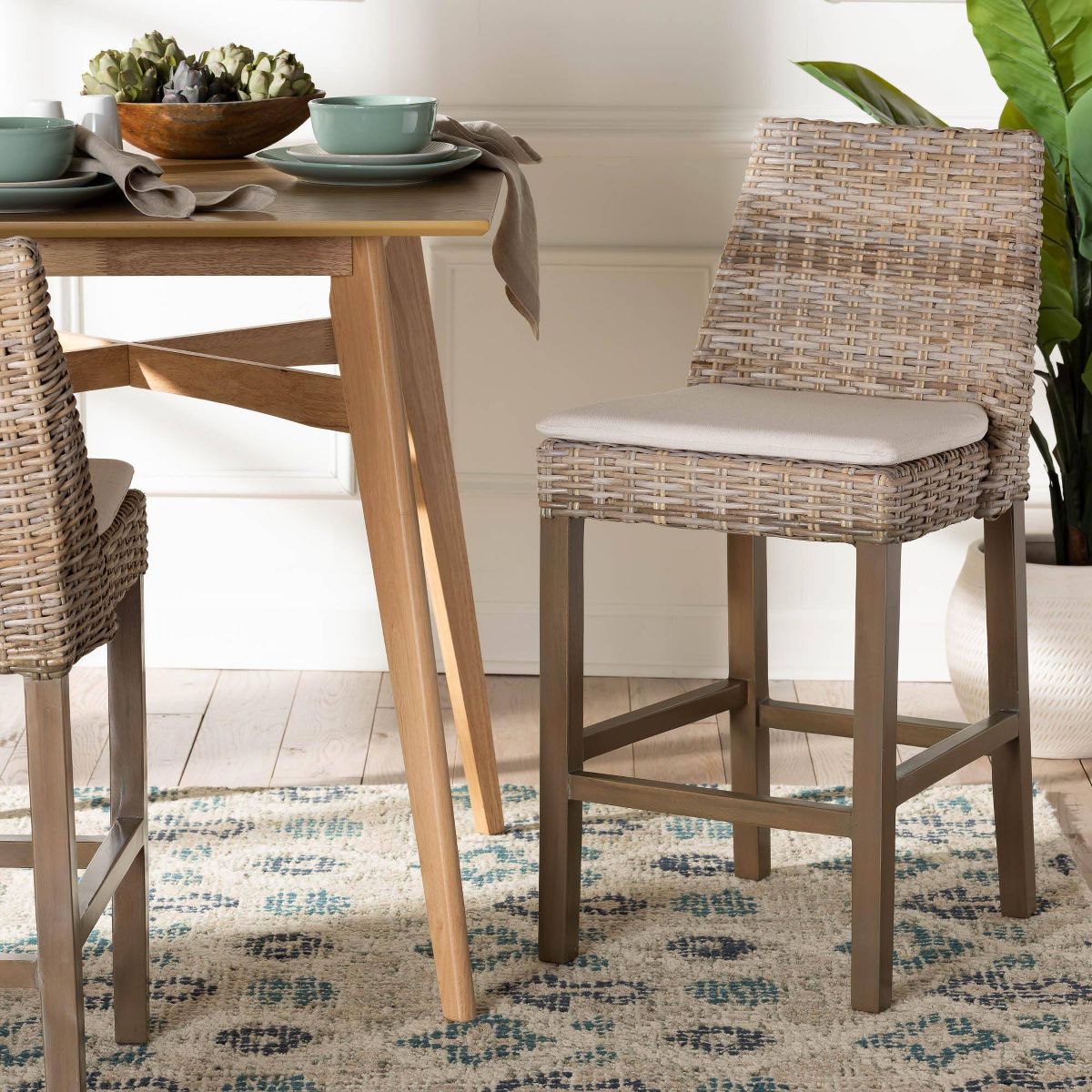 bali & pari Toby Rattan and Mahogany Wood Counter Height Barstool Kubu Gray/Rustic Taupe - thumbnail 3