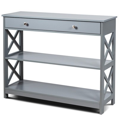 Costway 3-Tier Console Table X-Design Sofa Entryway Table with Drawer & Shelves Gray\ Espresso