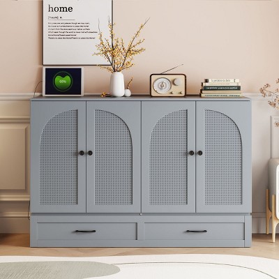 Foldable Full Size Murphy Bed with Drawers and USB Port,Space-Saving Cabinet Bed with Rattan Doors-The Pop Home