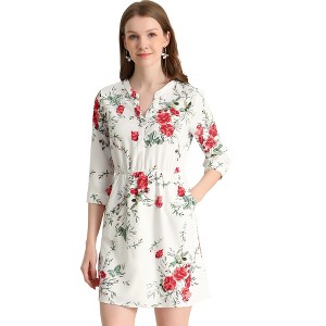 Allegra K Women's Button Front Floral Print Split Neck 3/4 Sleeves Mini Dresses - 1 of 4