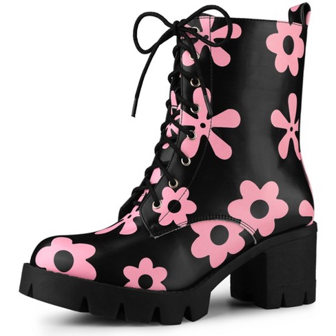 Allegra K Women s Printed Platform Round Toe Lace up Block Heel Combat Boots Black Pink 6