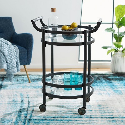 Contemporary Chic Matte Black Round Bar Cart with Glass Shelves
