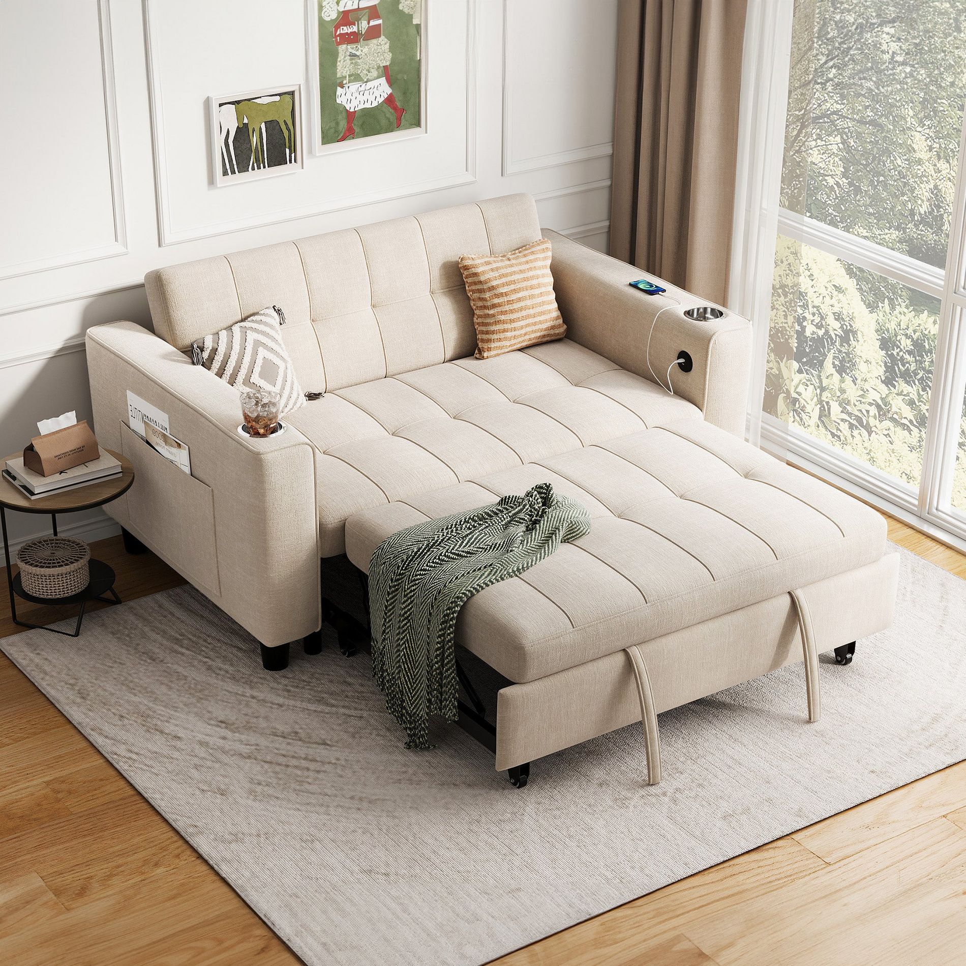 3-in-1 Convertible Sofa Bed, 54" Pull Out Sleeper Sofa with Charging Station & Cup Holder