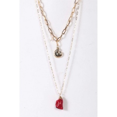 Slickblue Women's Necklace, Gold Double Chain with Shell, Red Stone, and Pearl Pendants, Layered Beach Style, 15.5"-23"