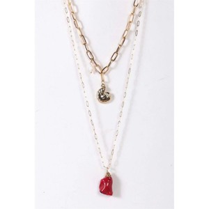 Slickblue Women's Necklace, Gold Double Chain with Shell, Red Stone, and Pearl Pendants, Layered Beach Style, 15.5"-23" - 1 of 1