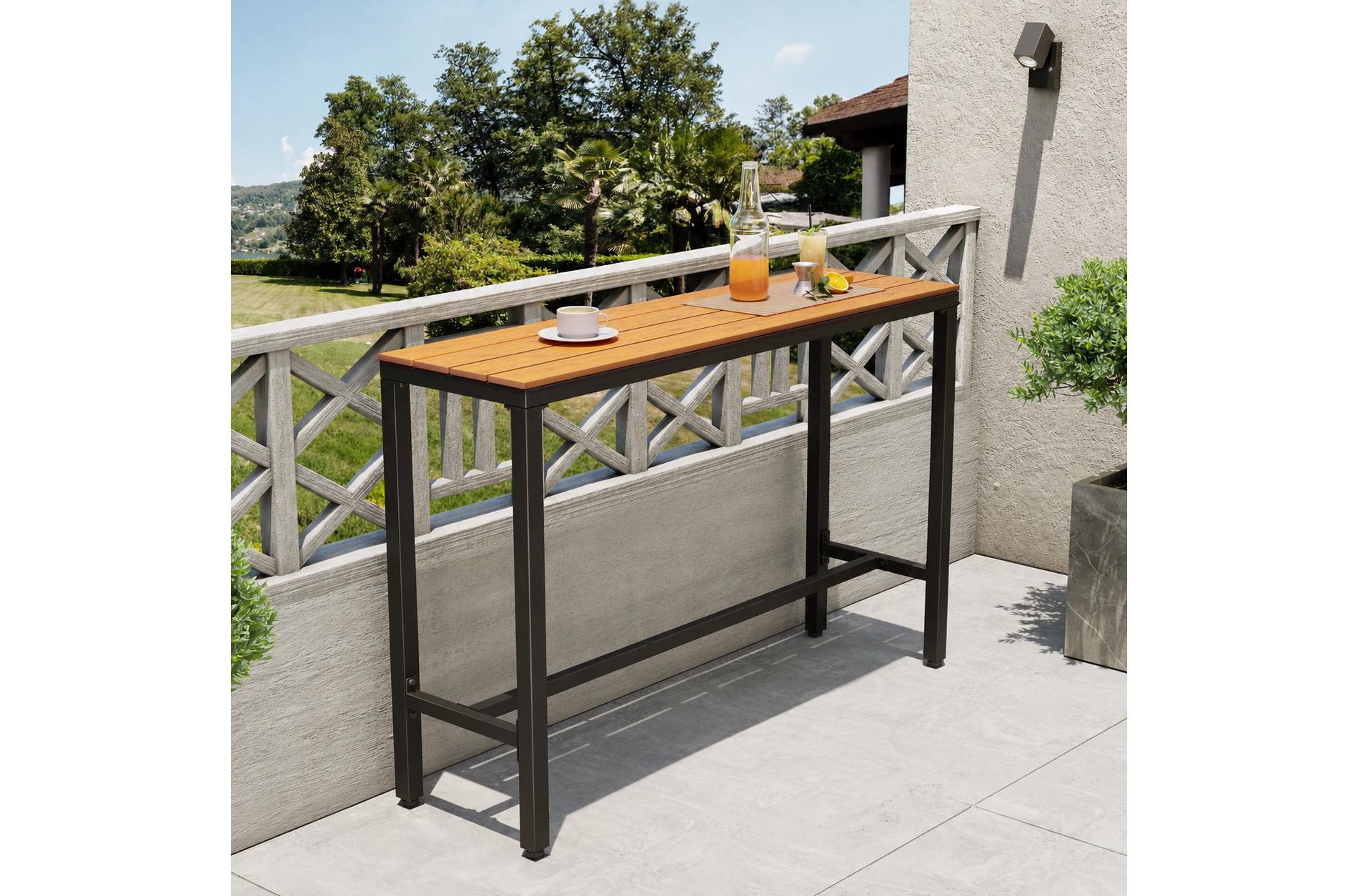 Pellebant 55in Outdoor Bar Table Rectangular Patio Counter Height Table Wood-Look Top Metal Frame Brown