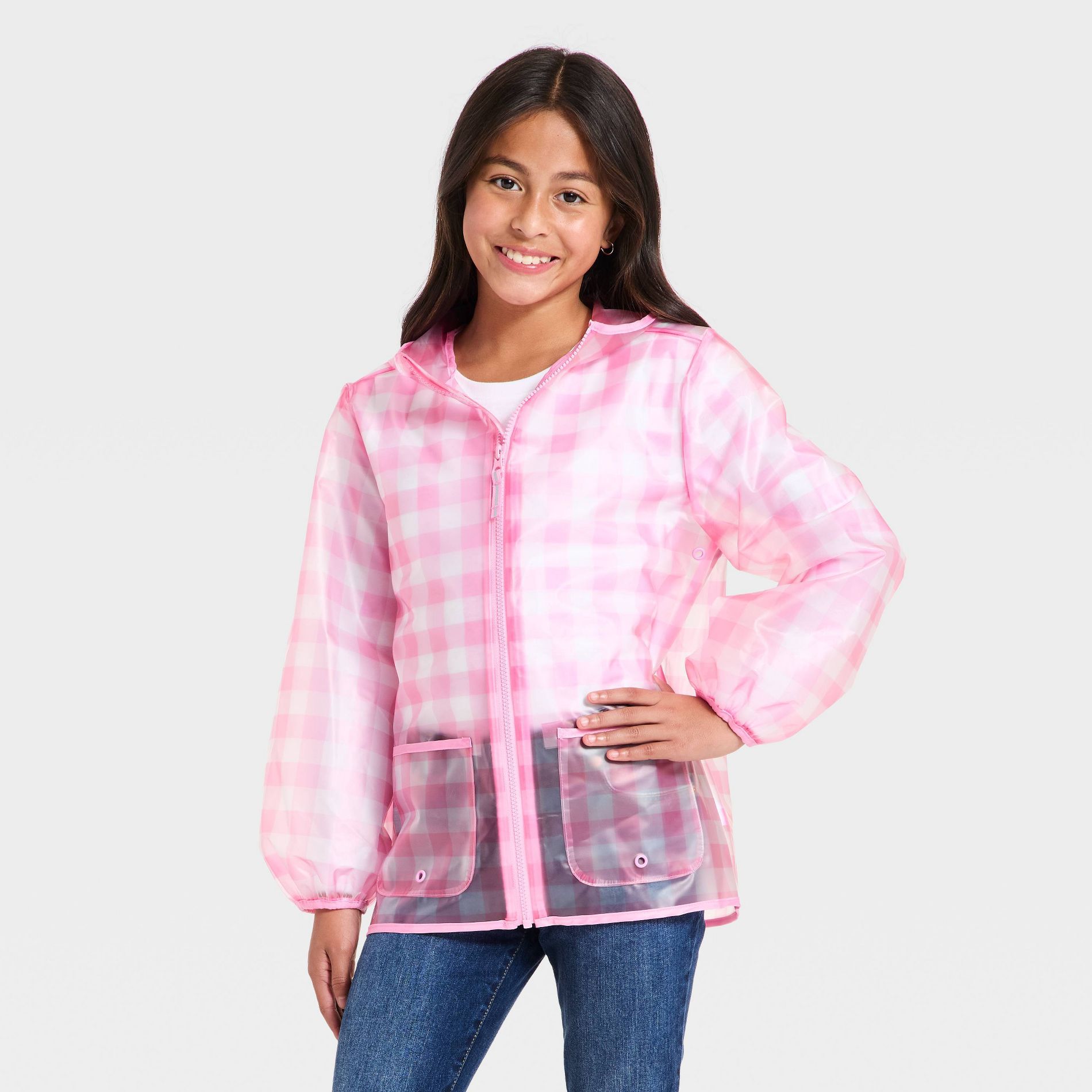 Girls' Gingham Clear Rain Jacket - Cat & Jack™ Pink L