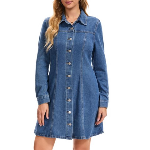 Женские платья INSPIRE CHIC Women's Denim Fall Long Sleeve Button Front Mini Jean Shirt Dresses Small Blue