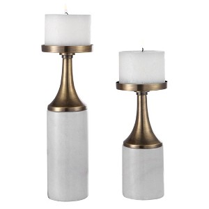 Uttermost Castiel Marble Candleholders Set of 2 with Antique Brass Finish & White Marble, S-5×10×5, L-5×13×5 - 1 of 4