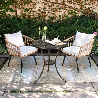 Round Patio Bistro Table 24 Inch, Cast Aluminum Outdoor Cafe Table with 2Inch Umbrella Hole, Metal Side Table for Porch,Backyard,Garden，Brown