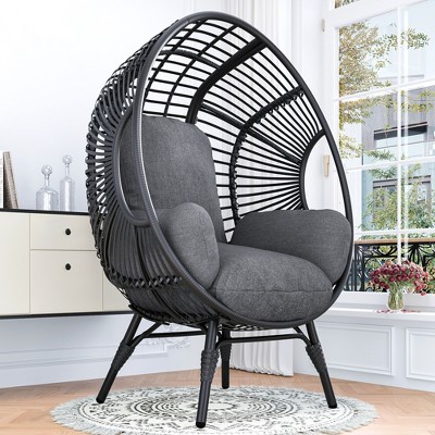 VisioGear Patio Egg Chairs, Wicker Weaving Egg Chair with Oversized Semi-enclosed Cushion for Living Room Balcony, Black&Gray, 37.4"*53.5"*35.5"
