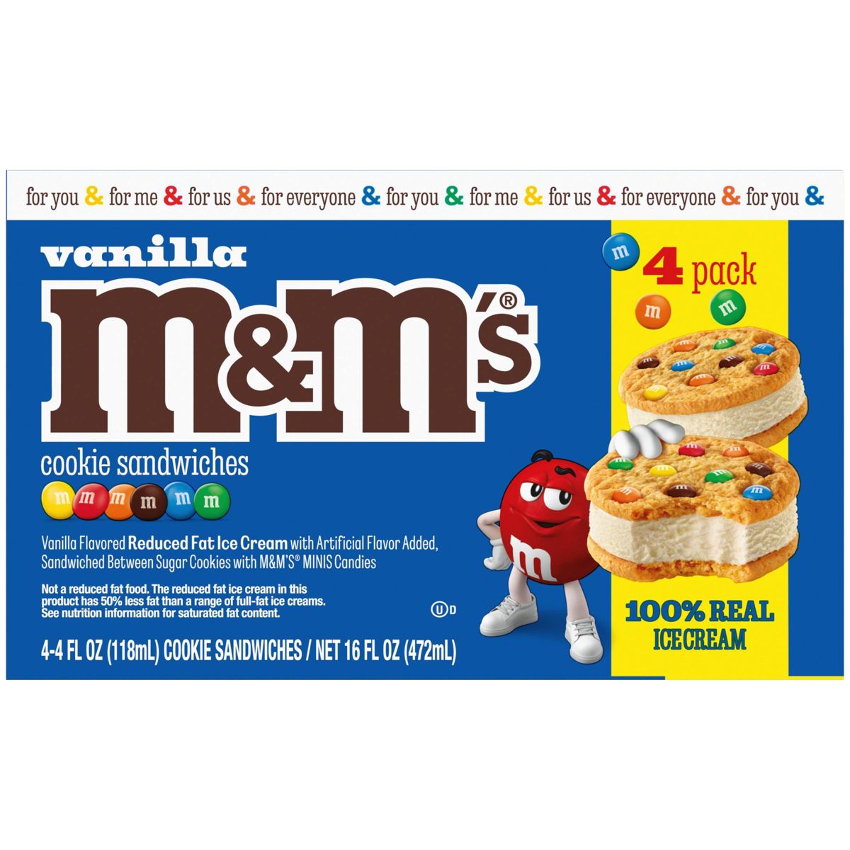 M&M Vanilla Reduced Fat Ice Cream Dessert Cookie Ice Cream Sandwiches - 4pk/16 fl oz