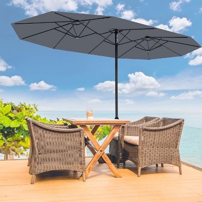 15FT Large Patio Double-Sided Rectangle Market Umbrella with Base for Poolside Lawn Backyard, waterproof, Breathable, and UV-resistant