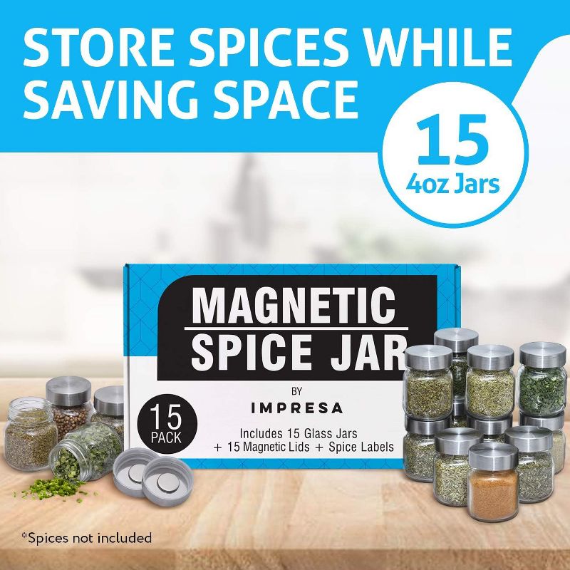 IMPRESA 15 Pack Large 4oz Glass Magnetic Spice Jars, Glass, Fridge Mounted Spice Jars, Spice Rack, Stylish Spice Storage, 4 of 7