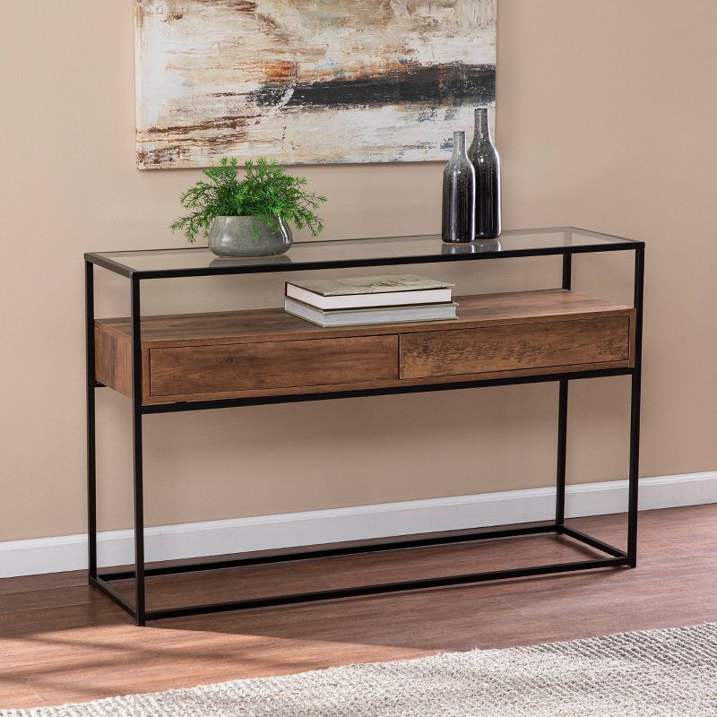 Slehidi Glass Top Console Table with Storage Black/Natural - Aiden Lane, 6 of 12