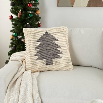 20"x20" Ivory and Gray Christmas Tree Loop Throw Pillow