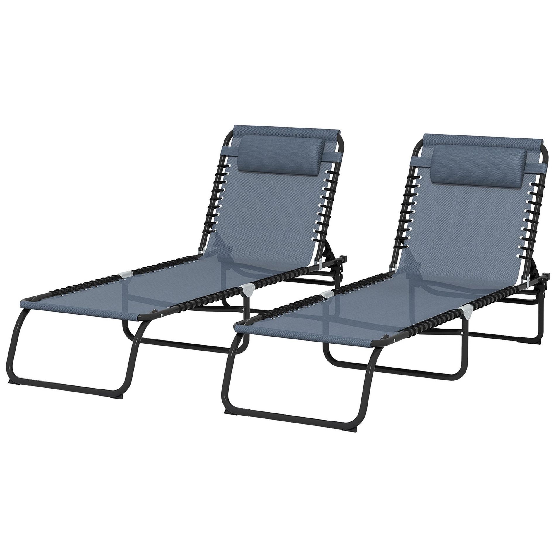 Okak Folding Chair with Reclining Back Set of 2, Beach Chair with Pillow and Breathable Seat, Chaise Lounge Chair for Backyard, Pool, Gray