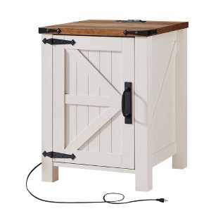 OKD Nightstand with Charging Station, Farmhouse End Table w/Barn Door - 1 of 4