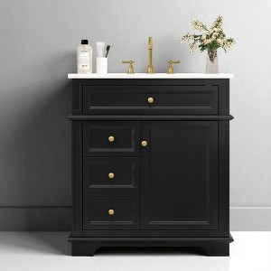 Mshliw 30 Inch Bathroom Vanity with Sink, Freestanding Cabinet with Tip-Out Drawer and Three Soft-Closing Drawers, Door Shelf Storage - 1 of 4