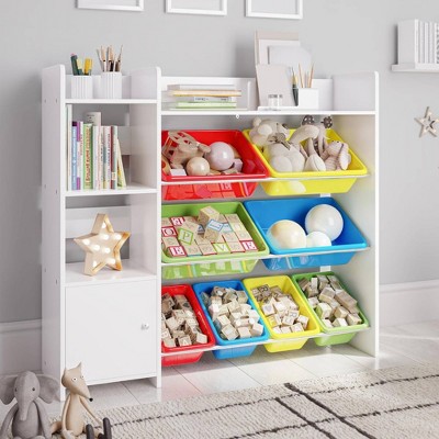 White Kids Toy Storage Organizer with Bookshelf and Colorful Bins
