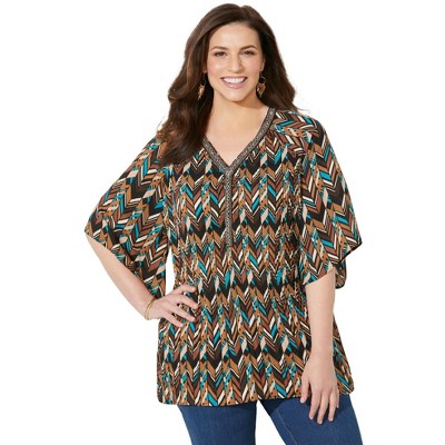 Catherines Women's Plus Size Bejeweled Pleated Blouse - 4x, Coffee Bean ...