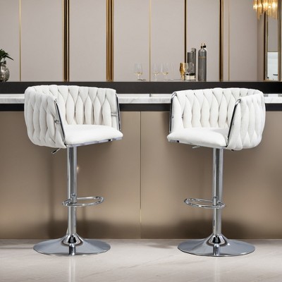 360° Fabric cover Swivel Bar Stools Set of 2, Adjustable Counter Height Bar Chairs with Woven Back & Footrest - Leovsnove