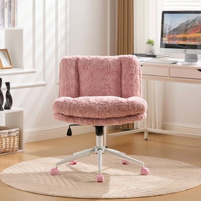 Ridstar Adjustable Swivel Faux Rabbit Fur Home Office Chair with Metal Base-Pink