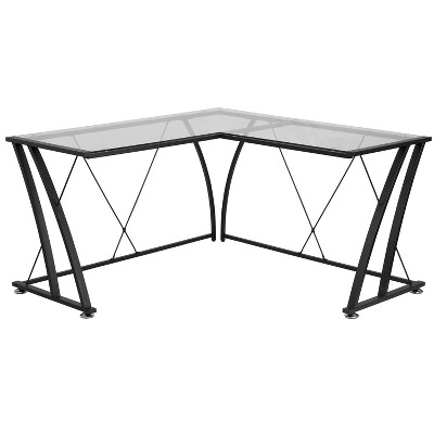 BlackArc Gaming Desk with Clear Glass Top and Black Powder Coated Metal Frame - L-Shaped 79" Diagonal Width - 8mm Tempered Glass