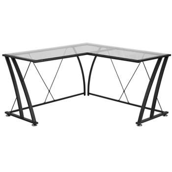 BlackArc Gaming Desk with Clear Glass Top and Black Powder Coated Metal Frame - L-Shaped 79" Diagonal Width - 8mm Tempered Glass