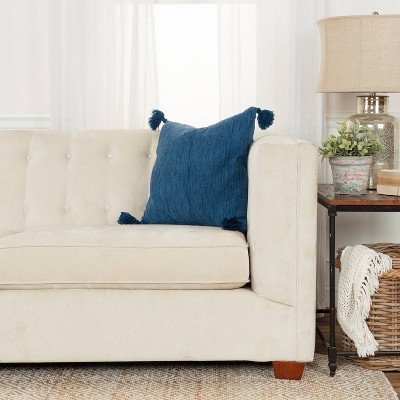 Navy Blue Cotton Woven Throw Pillow with Tassels