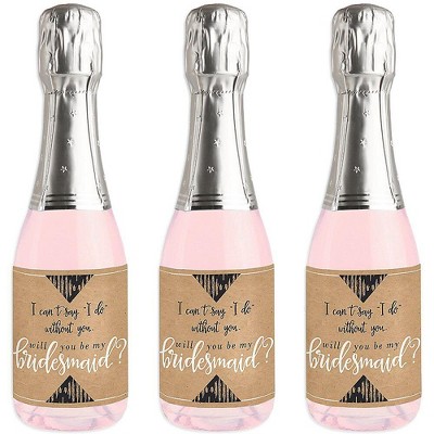 Big Dot of Happiness Rustic Kraft - Mini Wine and Champagne Bottle Label Stickers - Will You Be My Bridesmaid Gift for Women and Men - Set of 16