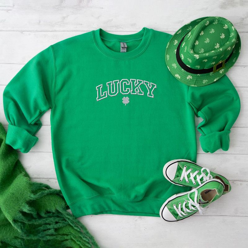 Simply Sage Market Women's Graphic Sweatshirt Embroidered Lucky Varsity Clover St. Patrick's Day - White Ink, 4 of 5