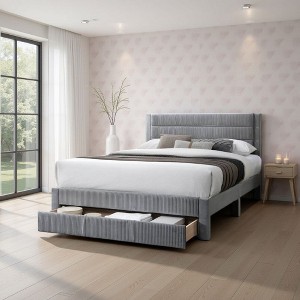 Royal Hampton Queen Size Bed w Storage Drawer, Light Gray Corduroy Upholstery - 1 of 4