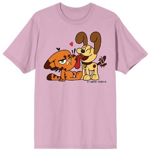 Garfield Odie Licking Garfield Crew Neck Short Sleeve Cradle Pink Men's T-shirt - 1 of 2