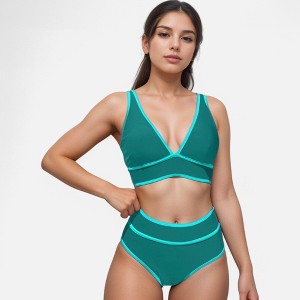 Anna-Kaci Swim Women's High Waist Bikini Set with White Contrast Piping and Wide Band Triangle Top - 1 of 4