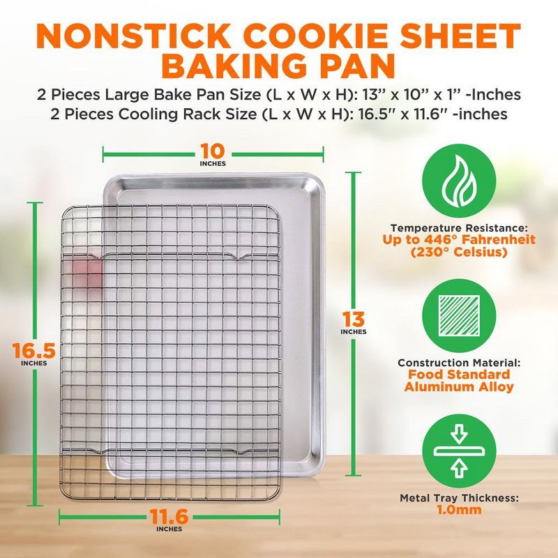 NutriChef Non Stick Baking Sheets, Cookie Pan Aluminum Bakeware with Cooling Rack, Professional Quality Kitchen Cooking Non-Stick Bake Trays, 2 of 4