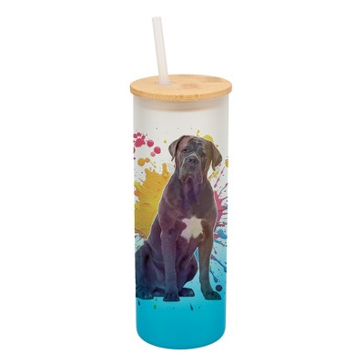 100 North 25 Ounce Frosted Glass Gradient Travel Tumbler With Straw & Wooden Lid, Cane Corso Dog Paint Splatter Sky Blue