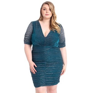 Slickblue Midnight Blue Glitter Mini Dress – Shirred Fit, Sheer Sleeves, Keyhole Back, Plus Size Party Dress, 1XL-3XL - 1 of 4