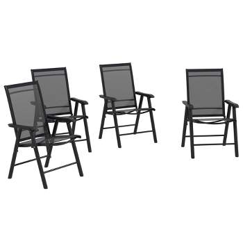 Outsunny Set of 4 Patio Folding Chairs, Stackable Outdoor Sling Chairs with Armrests for Lawn, Camping, Dining, Beach, Metal Frame, Black