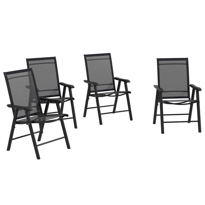 Outsunny Set of 4 Patio Folding Chairs, Stackable Outdoor Sling Chairs with Armrests for Lawn, Camping, Dining, Beach, Metal Frame, Black, 1 of 7
